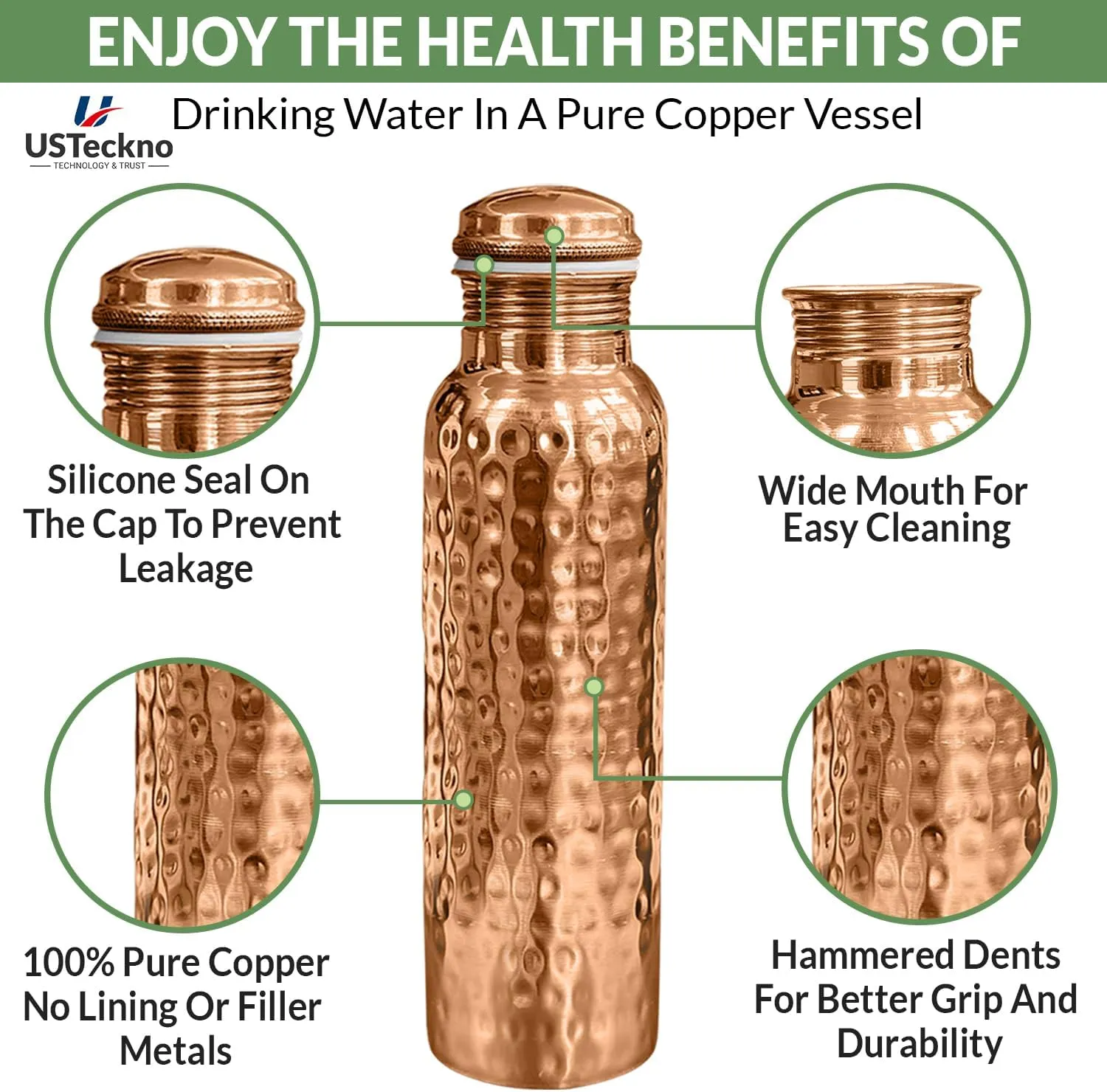 100% Pure 34oz Copper Drinking WaterBottle with Copper Tumbler, Leak-Proof Design & Canvas Bag – Ayurvedic, Travel-Friendly and Health Benefits - Yoga, Gym and Daily Hydration | Lab-Tested