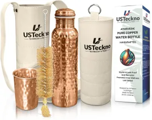 100% Pure 34oz Copper Drinking WaterBottle with Copper Tumbler, Leak-Proof Design & Canvas Bag – Ayurvedic, Travel-Friendly and Health Benefits - Yoga, Gym and Daily Hydration | Lab-Tested
