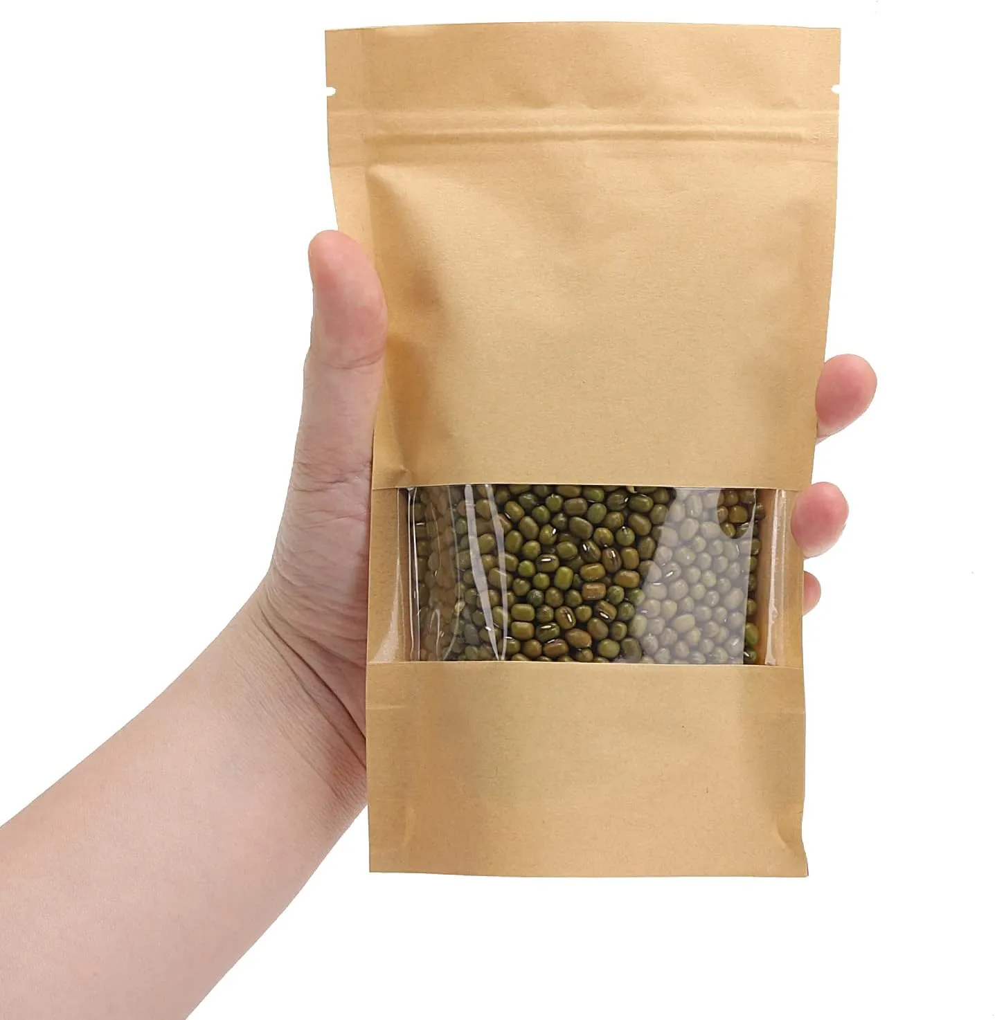 100pcs Kraft Paper Treat Bags with Window, Ziplock Stand Up Pouches for Packing Food Cookies Snacks