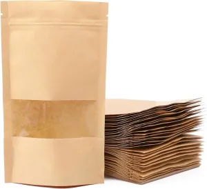 100pcs Kraft Paper Treat Bags with Window, Ziplock Stand Up Pouches for Packing Food Cookies Snacks