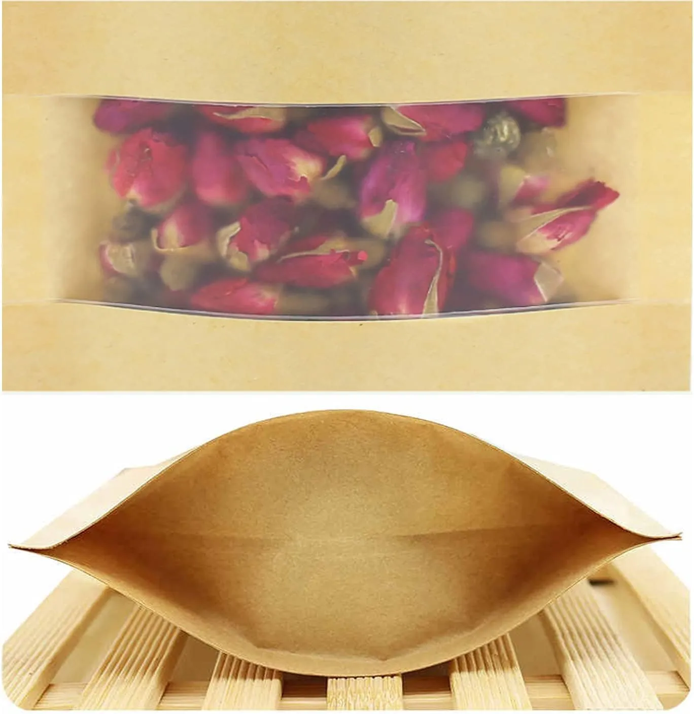 100pcs Kraft Paper Treat Bags with Window, Ziplock Stand Up Pouches for Packing Food Cookies Snacks