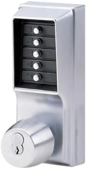 1041S26D Kaba 1000 Series Combination Entry Cylindrical Mechanical Pushbutton Lock with Knob, Key Override and Passage, Cylindrical 13mm Throw Latch, Floating Face Plate, 70mm Backset, R/C Schlage, Core Not Included, Satin Chrome Finish