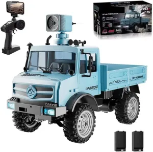 1/16 RC Military Truck with Camera 2.4G All Terrain Remote Control Car Rock Crawler Army Transport Vehicle with LED Light Full Proportional ATV 4 Wheeler for Adult 2 Batteries (Blue)