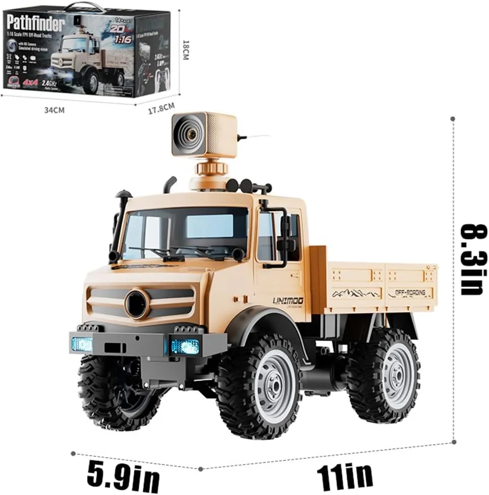 1/16 RC Military Truck with Camera 2.4G All Terrain Remote Control Car Rock Crawler Army Transport Vehicle with LED Light Full Proportional ATV 4 Wheeler for Adult 2 Batteries (Blue)