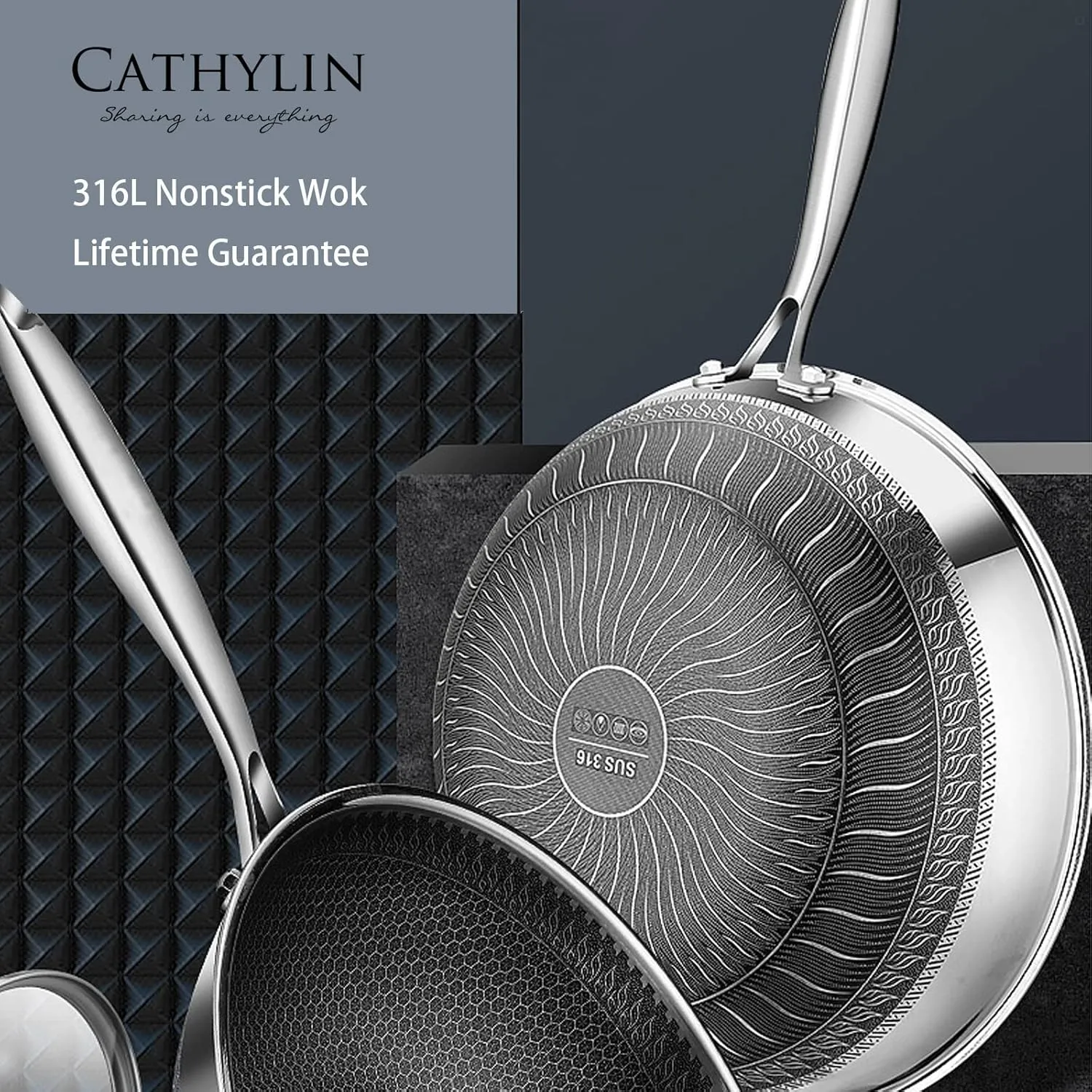 12.5" 316L Stainless Steel Honeycomb Non Stick Wok Pan Stir-fry Wok with Lid,Skillet with Stay-cool Handle PFOA Free Suitable for Induction, Ceramic, Electric, and Gas Cooktops