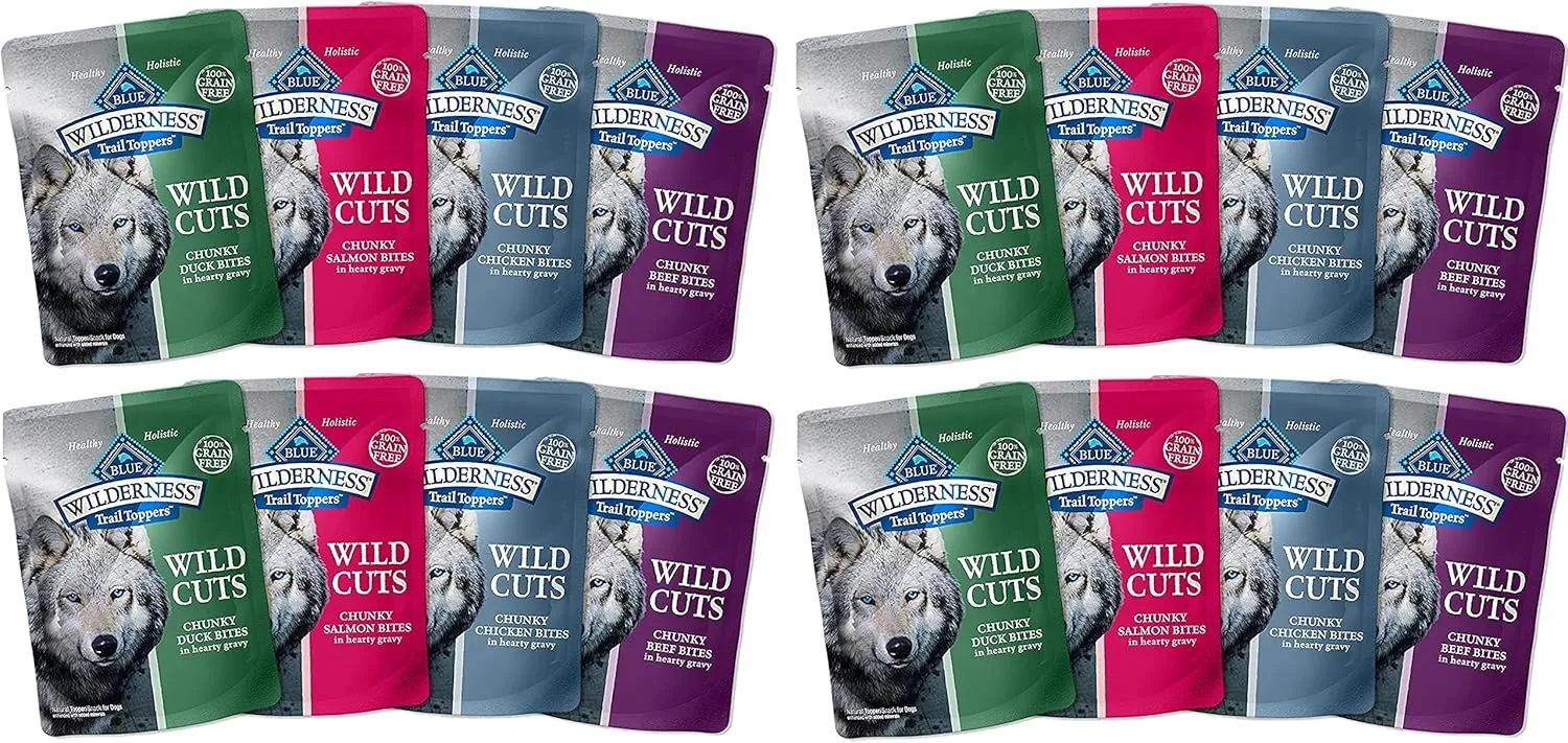 (16 Pack) BlueBuffalo Wildernes Wild cuts Variety Bundle 4 flover (4 Duck, 4 Salmon, 4 Beef, 4 Chicken) Cuts High Protein, Natural Wet Dog Food, Chunky Bites in Hearty Gravy, 3-oz Pouches
