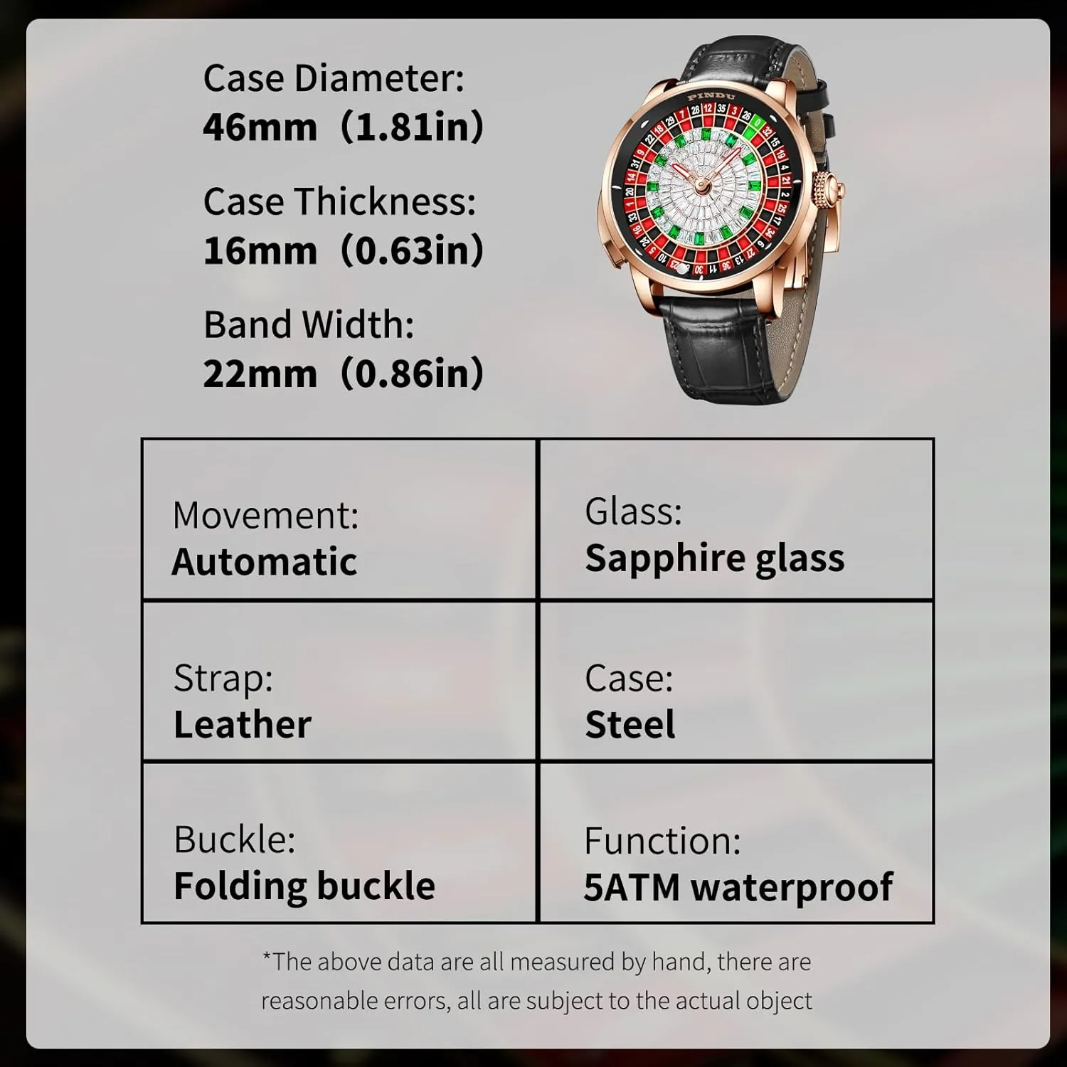 1.8 Inches Roulette Wheel Automatic Watches for Men, NH35A Movement Design Button Control, Sapphire Glass Automatically 50M Waterproof Mens Unique American Style Roulette, Mechanical Watch for Game Night