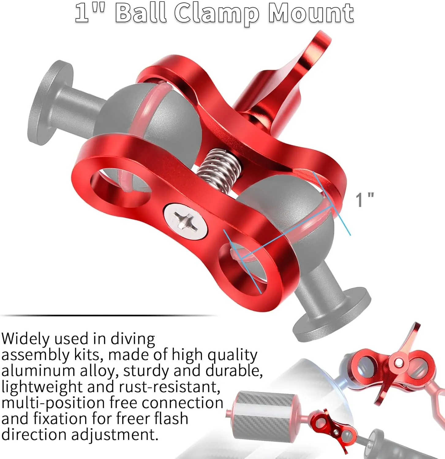 2-Hole 1" Aluminum Underwater Camera Clamp Ball Mount (2-Pack) - Underwater Bracket for Diving Light Arms & Camera Trays, Saltwater-Resistant Adapter for Scuba Photography/Videography Gear
