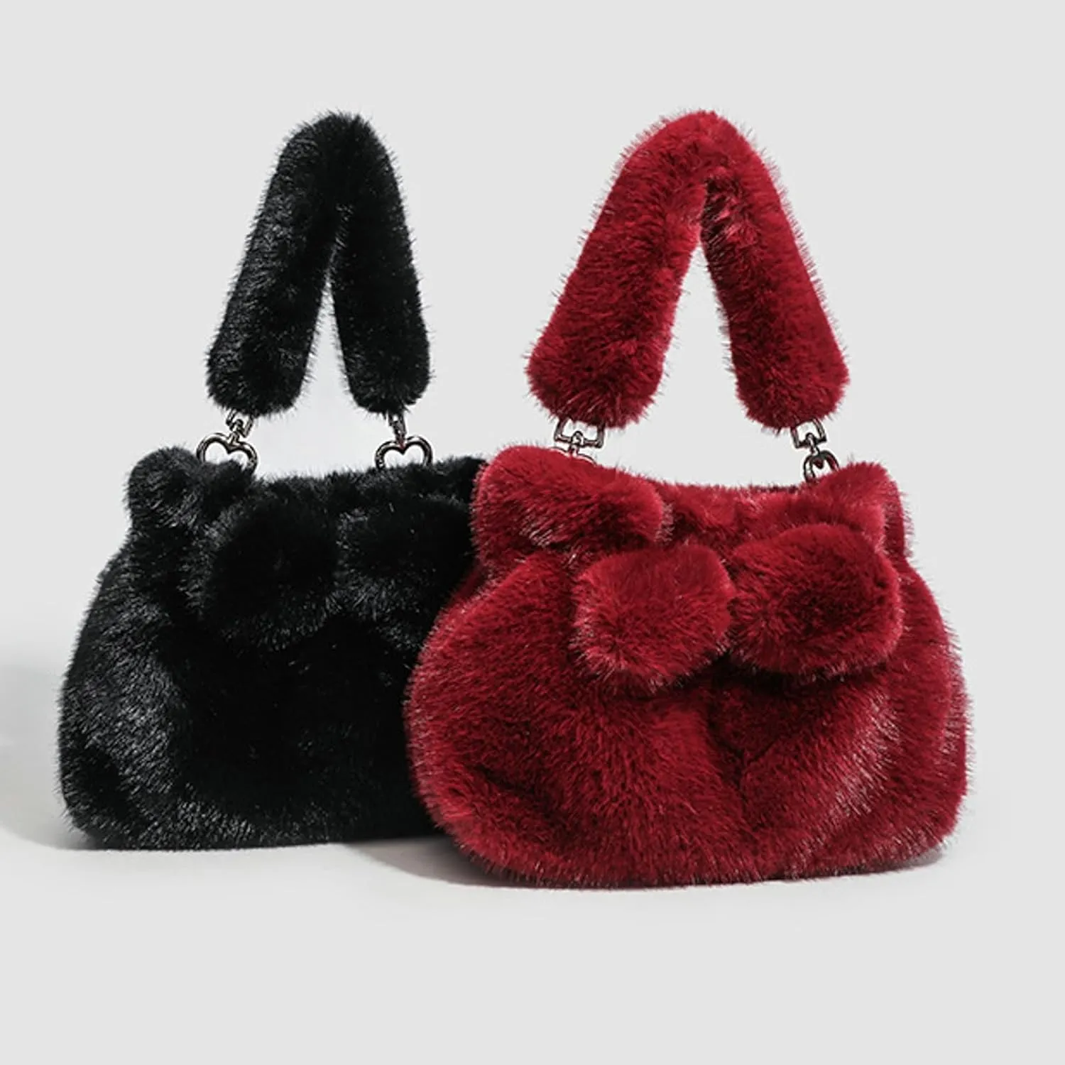 2024 Women Fall Winter Plush Tote Bag Bow Faux Mink Fur Short Handle PU Shoulder Strap Small Crossbody Bag