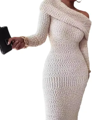 2025 Sweater Autumn/Winter Skew Shoulder Open Bag Hip Dress Woolen