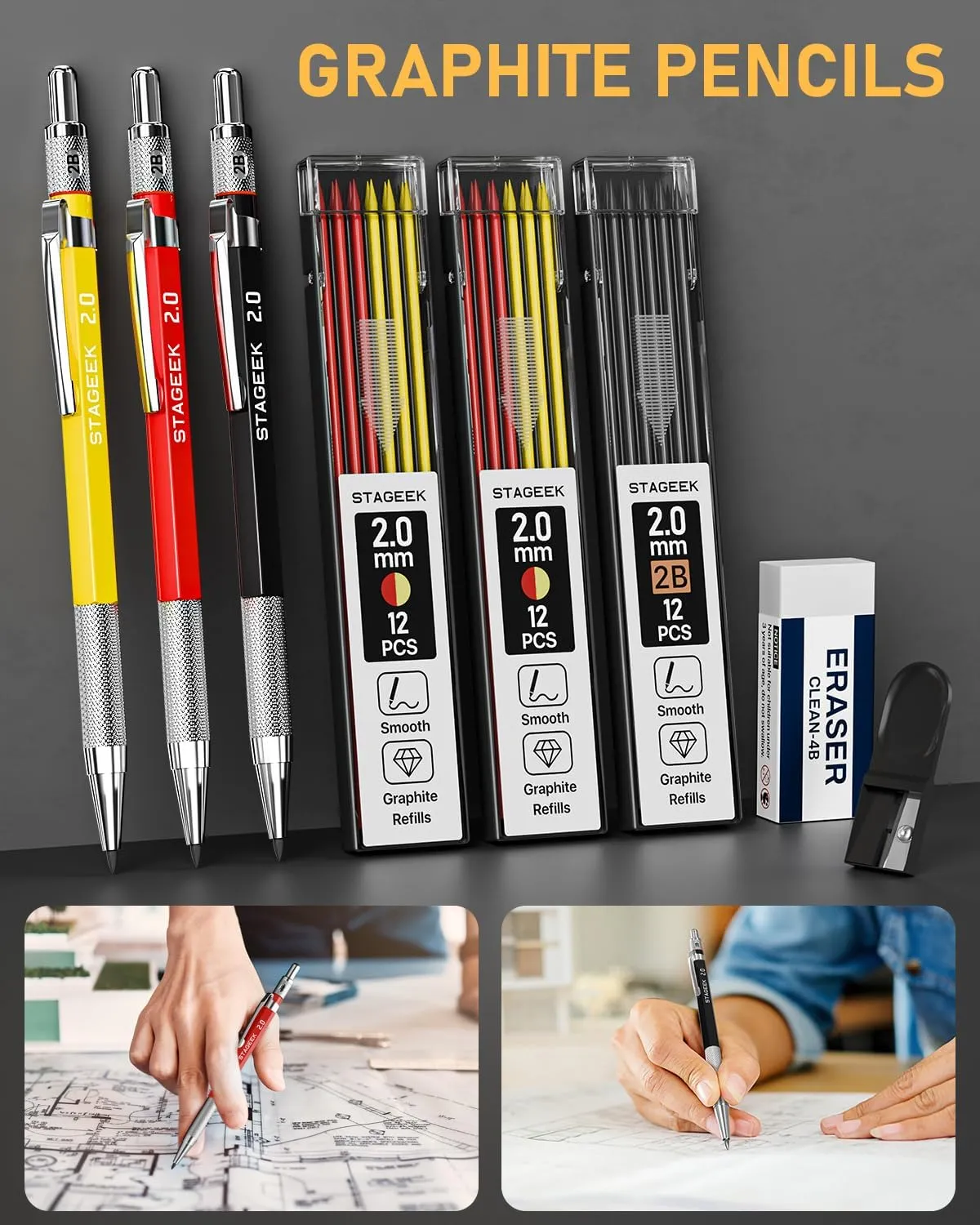 22 Pack Mechanical Carpenter Pencil Set with Sharpener 60 Refills, Automatic Center Punch, Carbide Scribe Tool, Eraser and Deep Hole Marker Pen, Heavy Duty Construction Pencil for Architect-With Pouch