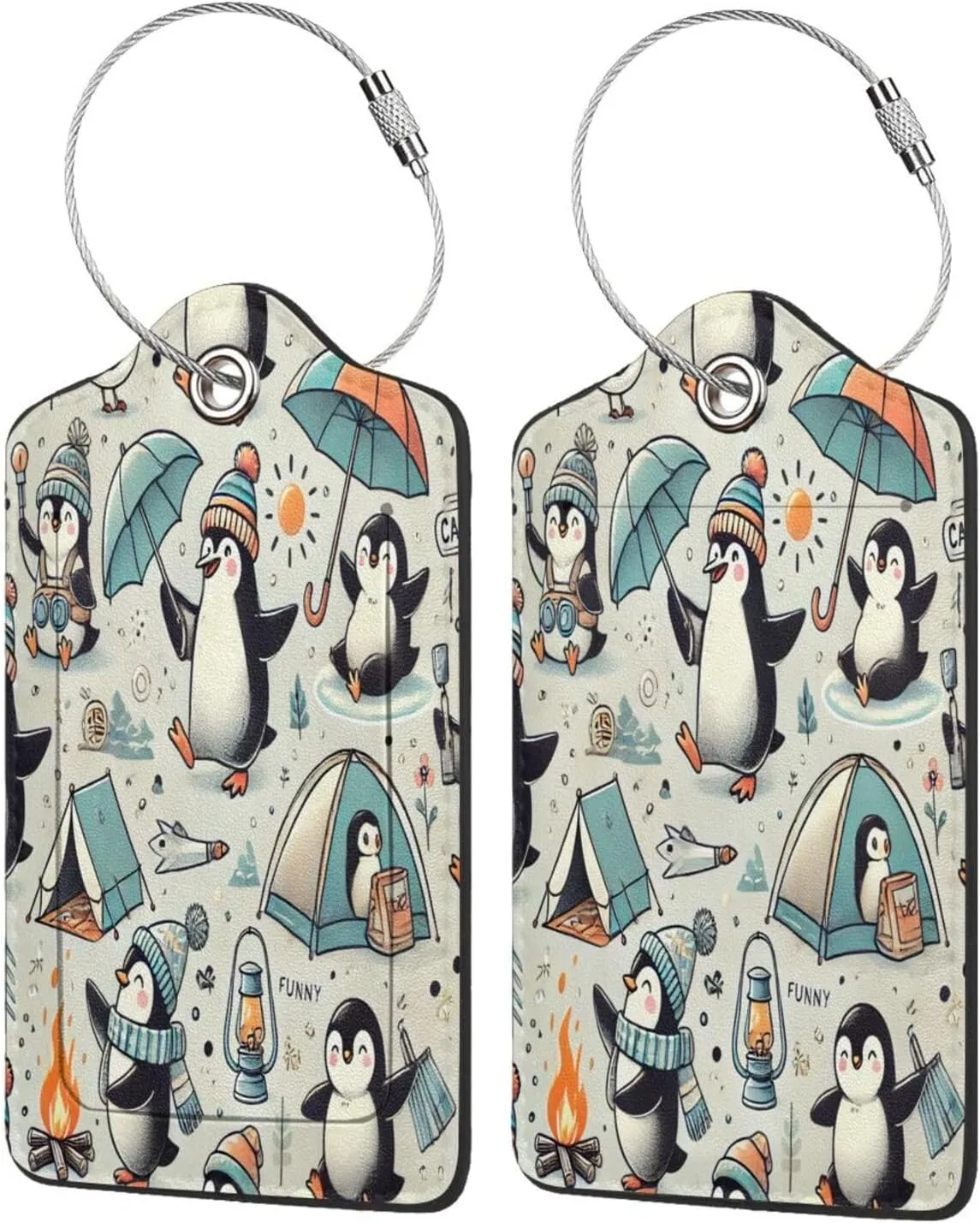 2pcs Luggage Id Tags with Stainless Steel Loop Penguins Funny Campsite Travel Bag and Suitcase Labels
