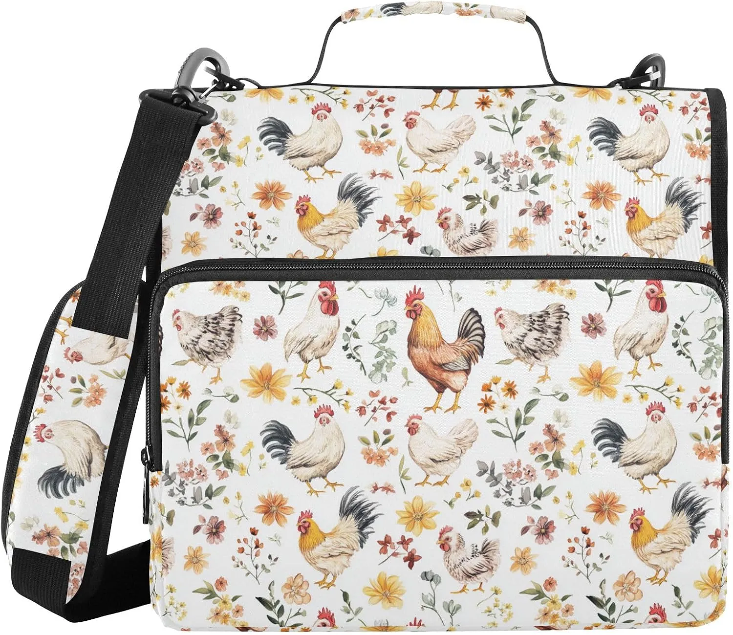 3 Rings 1.5 inch Zippered Binder Bag with Shoulder Strap & Handle Laege Capacity Document Organizer for Middle Student Sweet Pet Chicken White