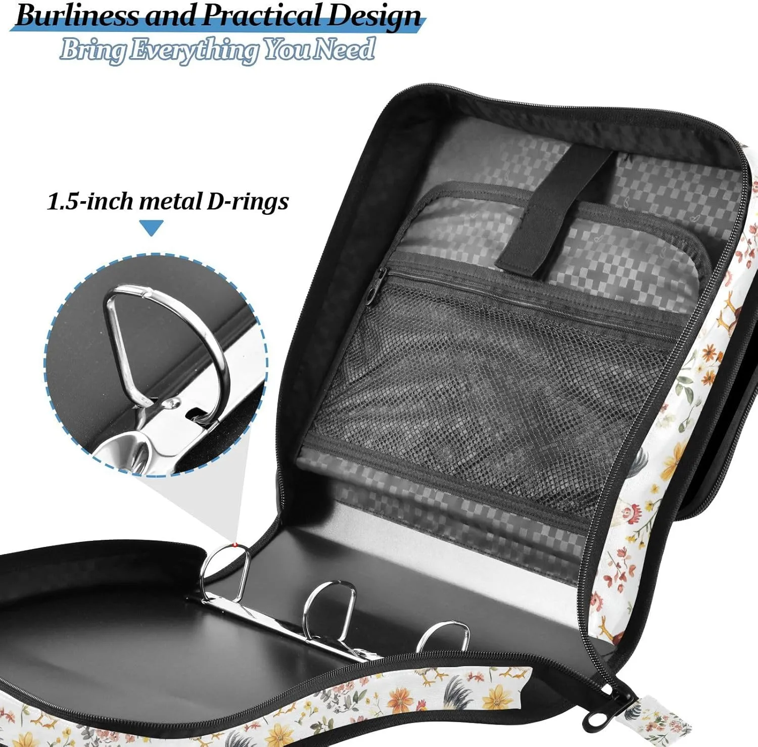 3 Rings 1.5 inch Zippered Binder Bag with Shoulder Strap & Handle Laege Capacity Document Organizer for Middle Student Sweet Pet Chicken White
