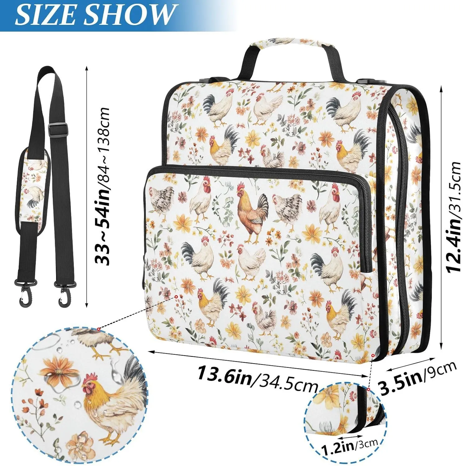 3 Rings 1.5 inch Zippered Binder Bag with Shoulder Strap & Handle Laege Capacity Document Organizer for Middle Student Sweet Pet Chicken White
