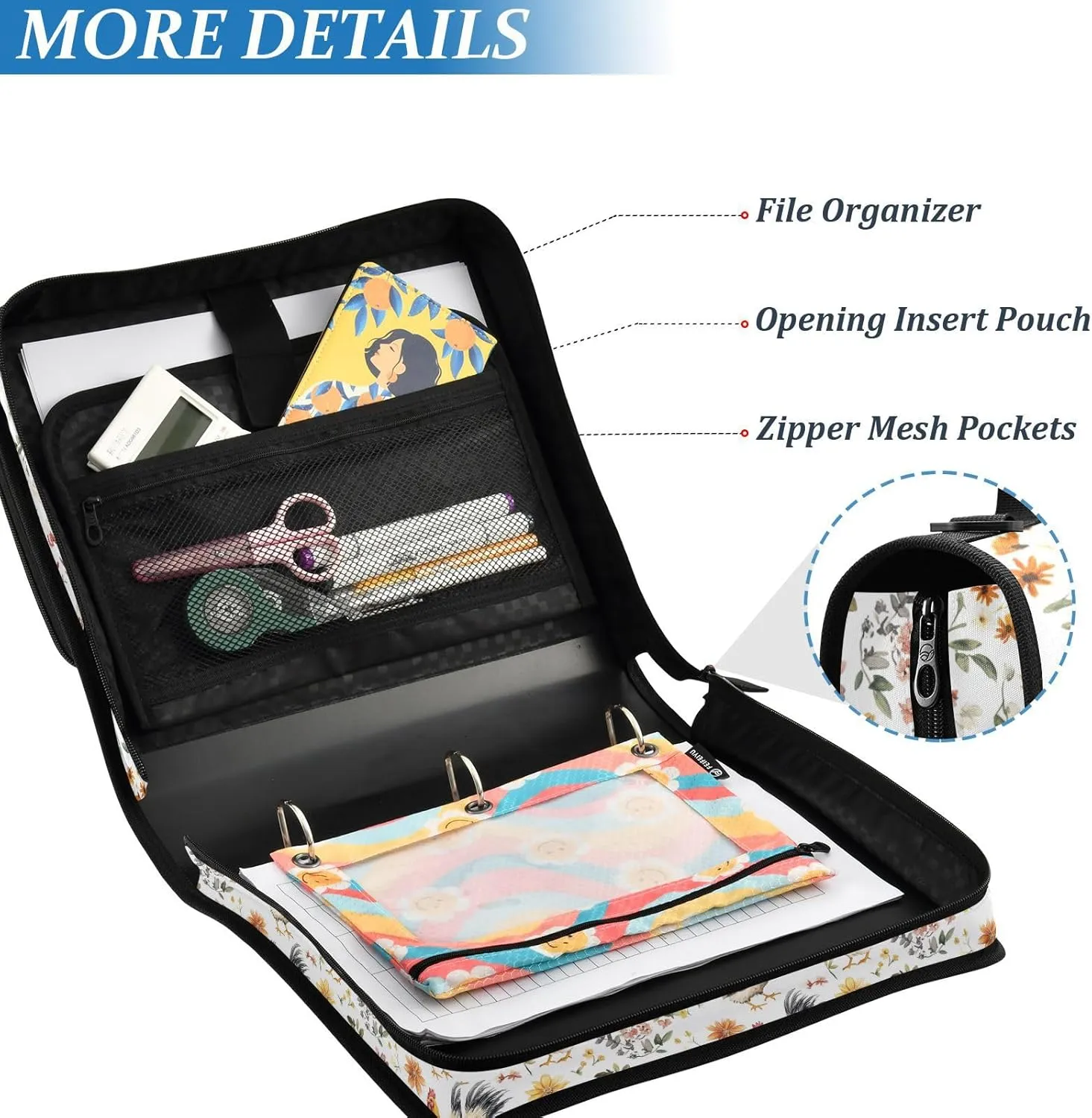 3 Rings 1.5 inch Zippered Binder Bag with Shoulder Strap & Handle Laege Capacity Document Organizer for Middle Student Sweet Pet Chicken White