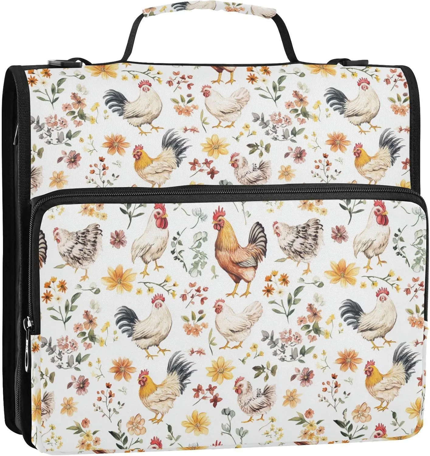3 Rings 1.5 inch Zippered Binder Bag with Shoulder Strap & Handle Laege Capacity Document Organizer for Middle Student Sweet Pet Chicken White