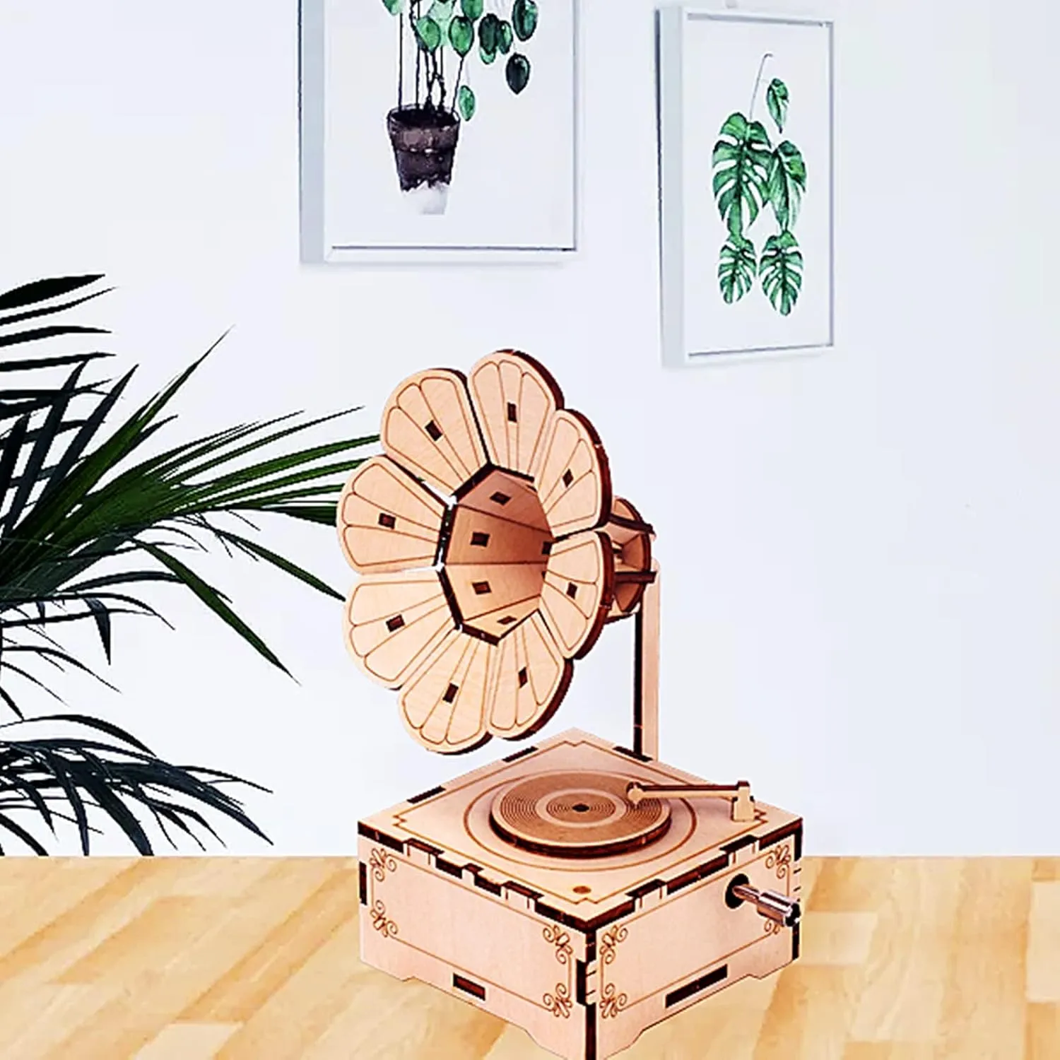 3D Wooden Puzzle Music Box Phonograph Hand Crank Music Box Teaser Science and Education Education DIY Kits 3D Puzzles for Adults (Phonograph)