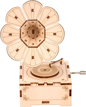 3D Wooden Puzzle Music Box Phonograph Hand Crank Music Box Teaser Science and Education Education DIY Kits 3D Puzzles for Adults (Phonograph)
