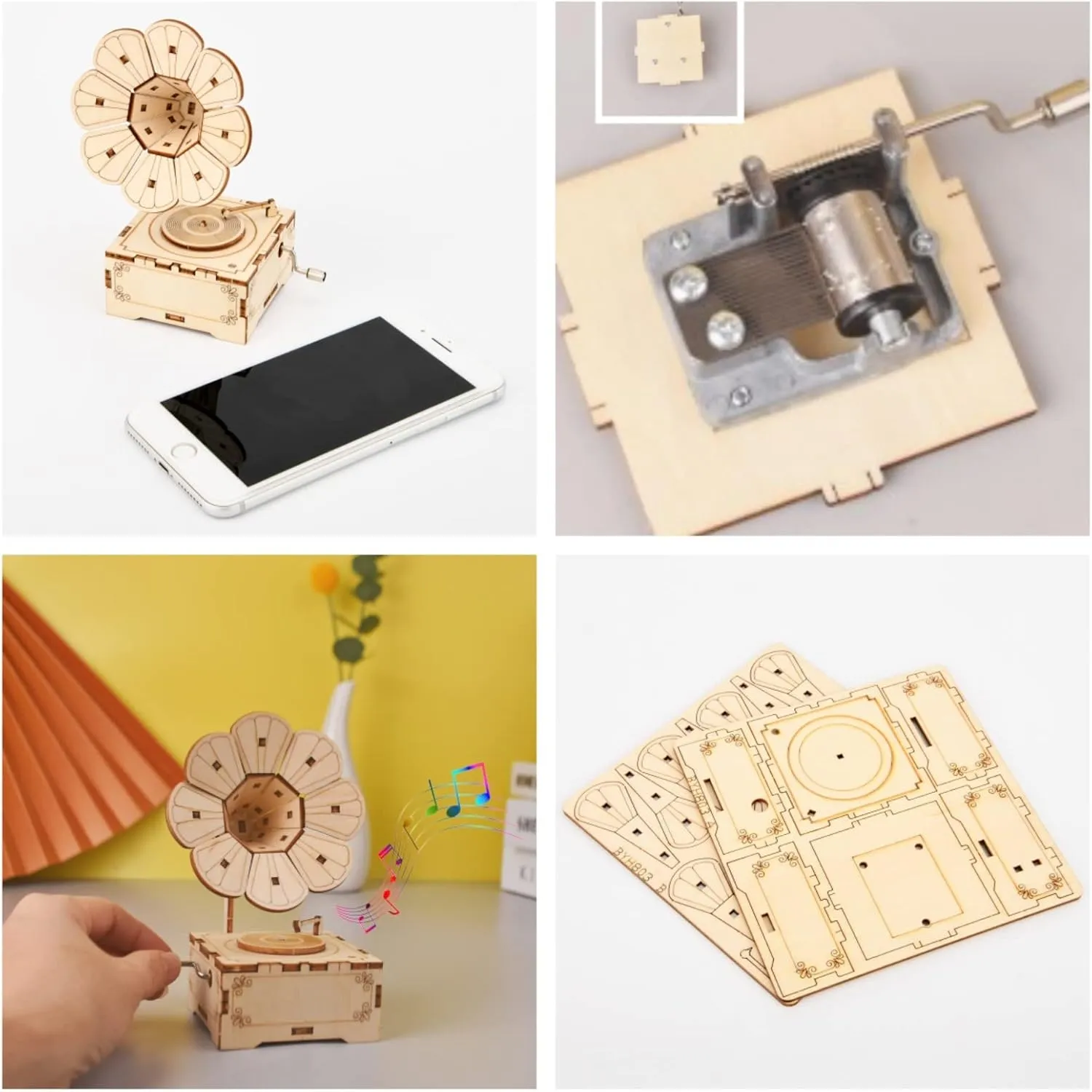 3D Wooden Puzzle Music Box Phonograph Hand Crank Music Box Teaser Science and Education Education DIY Kits 3D Puzzles for Adults (Phonograph)