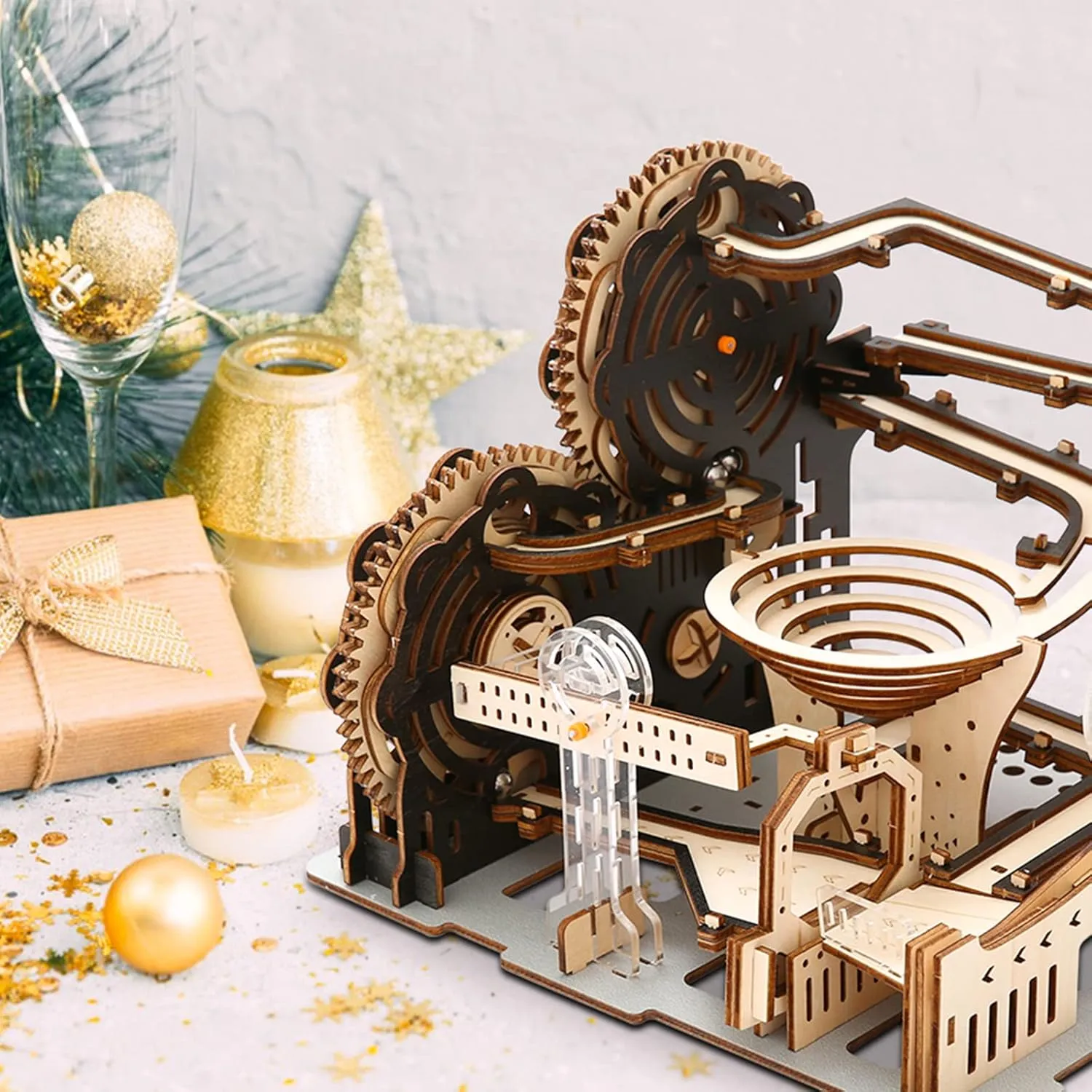 3D Wooden Puzzles for Adults, Marble Maze Run Model DIY Building Kits Block Craft, Rollercoaster Mechanical Gear Kit Hobbies Toys Valentines Birthday for Hobbyist, 196 PCS