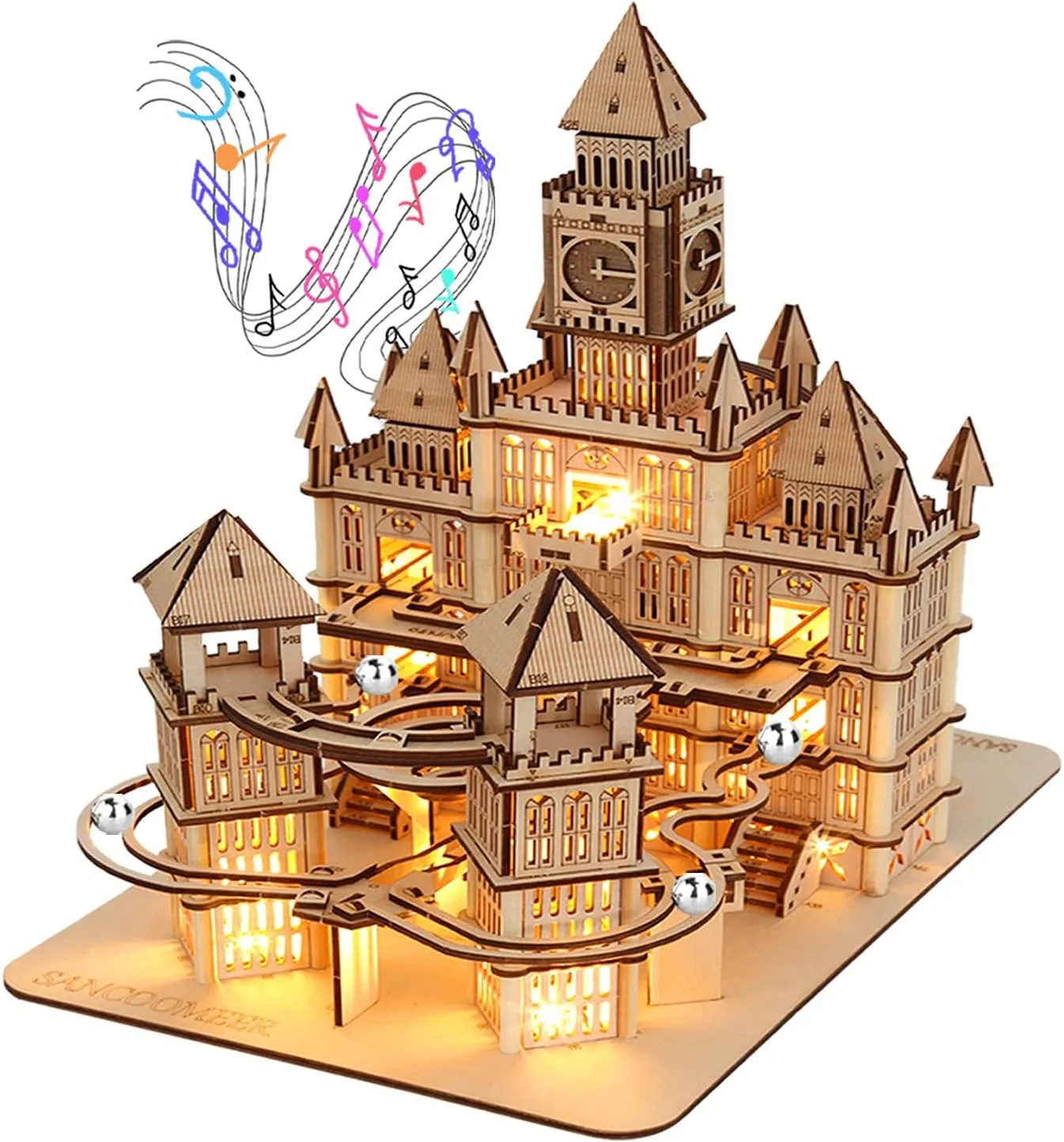 3D Wooden Puzzles for Adults Teens, Architecture Building Set with LED Lighting, DIY Model Craft Kit, Music Box Rolling Beads Brain Teaser to Build Educational Toys, Retro Castle, Creative Gift