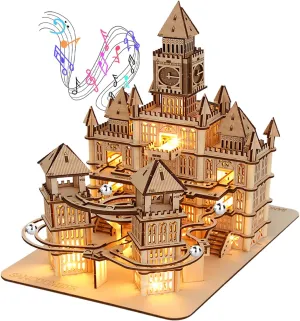 3D Wooden Puzzles for Adults Teens, Architecture Building Set with LED Lighting, DIY Model Craft Kit, Music Box Rolling Beads Brain Teaser to Build Educational Toys, Retro Castle, Creative Gift
