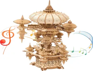 3D Wooden Puzzles Sky City-Mechanical Music Box for Adults,Mechanical Music Box with a Winding Mechanism,DIY Hobbies/Gifts for Festivals