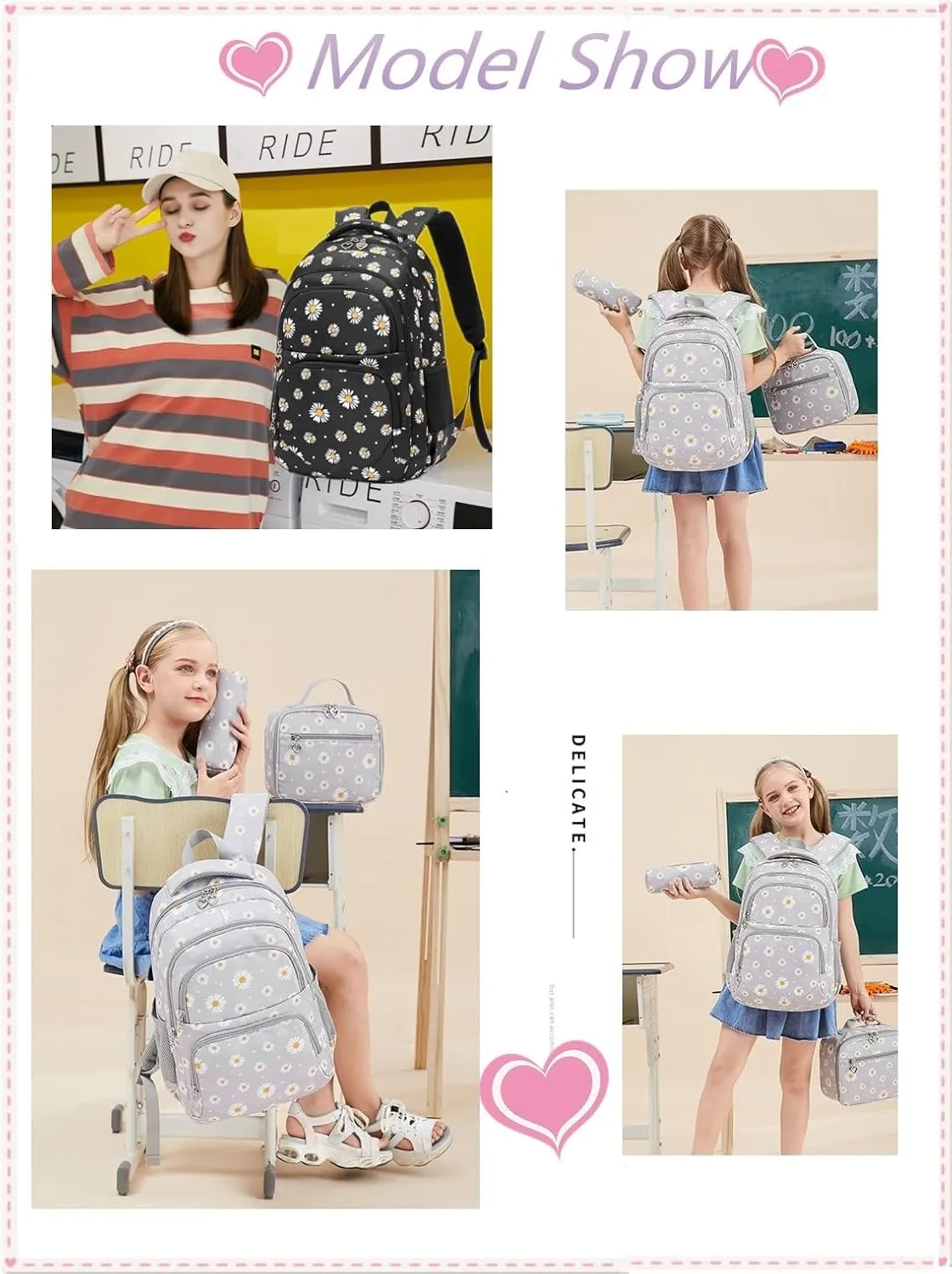 3Pcs Daisy Backpack for Girls with Lunch Box Kids School Bag with Lunch Bag Bookbag for Elementary School
