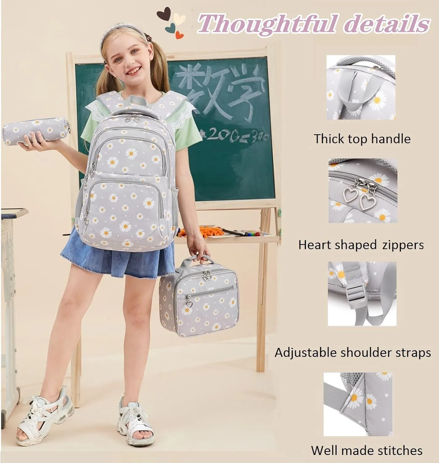3Pcs Daisy Backpack for Girls with Lunch Box Kids School Bag with Lunch Bag Bookbag for Elementary School