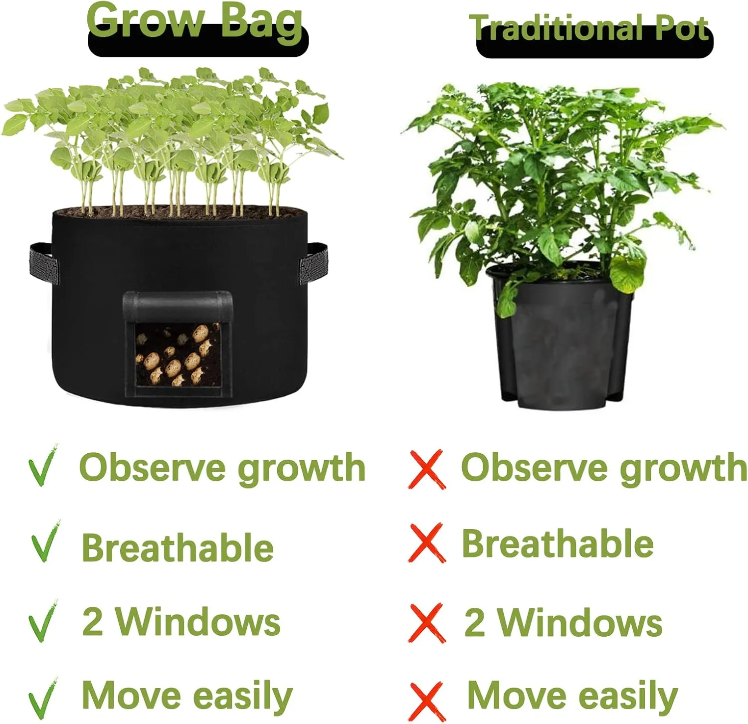 4 Pack 20 Gallon Grow Bags Heavy Dduty Nonwoven Potato Grow Bag with 2 Sturdy Handles&2 Windows,Thickened Plant Grow Bag for Potato,Tomato,Flowers,Vegetable Plants