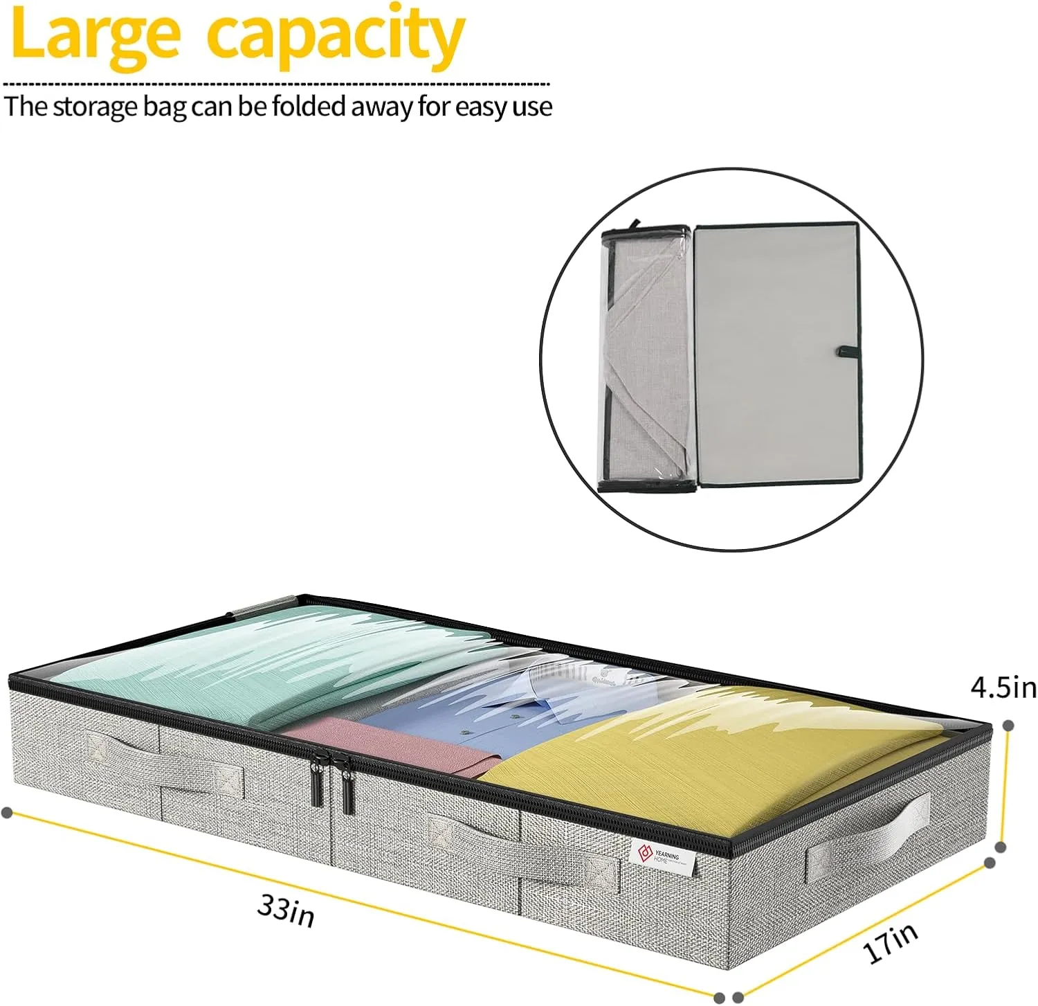 4.5 Inches Under Bed Storage Containers, 4Pack Low Profile Underbed Storage Box with Sturdy Sidewalls/Bottom and lids for Clothes, Blanket, Pillows and Shoes, Thick Fabric with Sturdy Structure