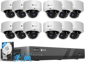 4COVR 12MP 16 Channel PoE Security Camera System, Human/Vehicle Detection, 12Pcs IK10 Vandal-Proof 12MP Wired Commercial Dome IP Camera IP67, 16CH NVR 4TB, Business Surveillance Outdoor, LY54AXAM1612