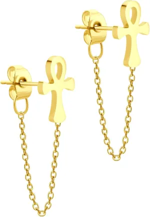 ‎555Jewelry Stainless Steel Egyptian Ankh Cross Stud Earrings for Women & Ladies