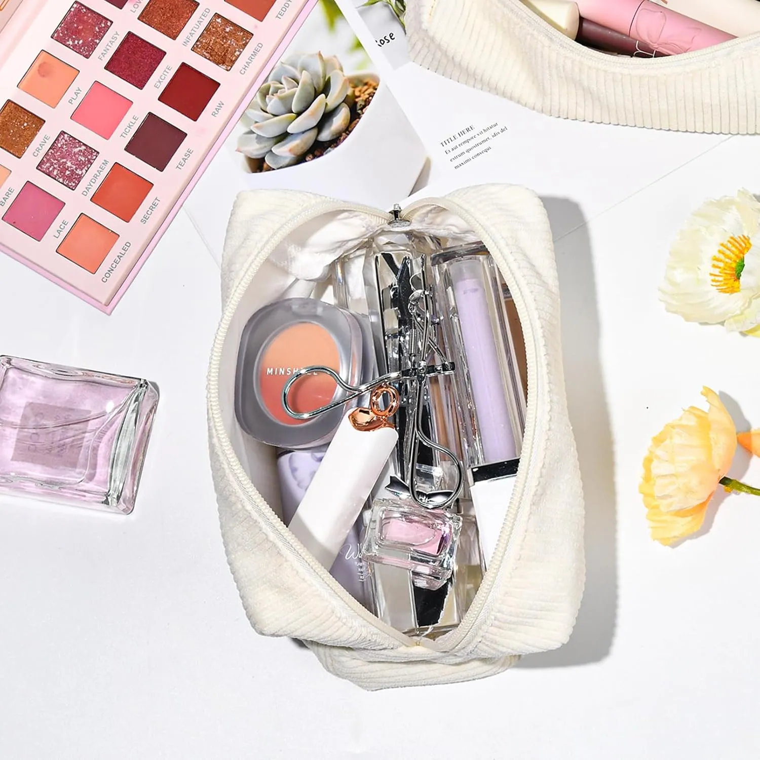 6PCS Bridesmaid Proposal Gifts Corduroy Beige makeup bag bulk for Wedding Party Favors Bachelorette party decorations Toiletry Organizer Bag Cosmetic Case Gift
