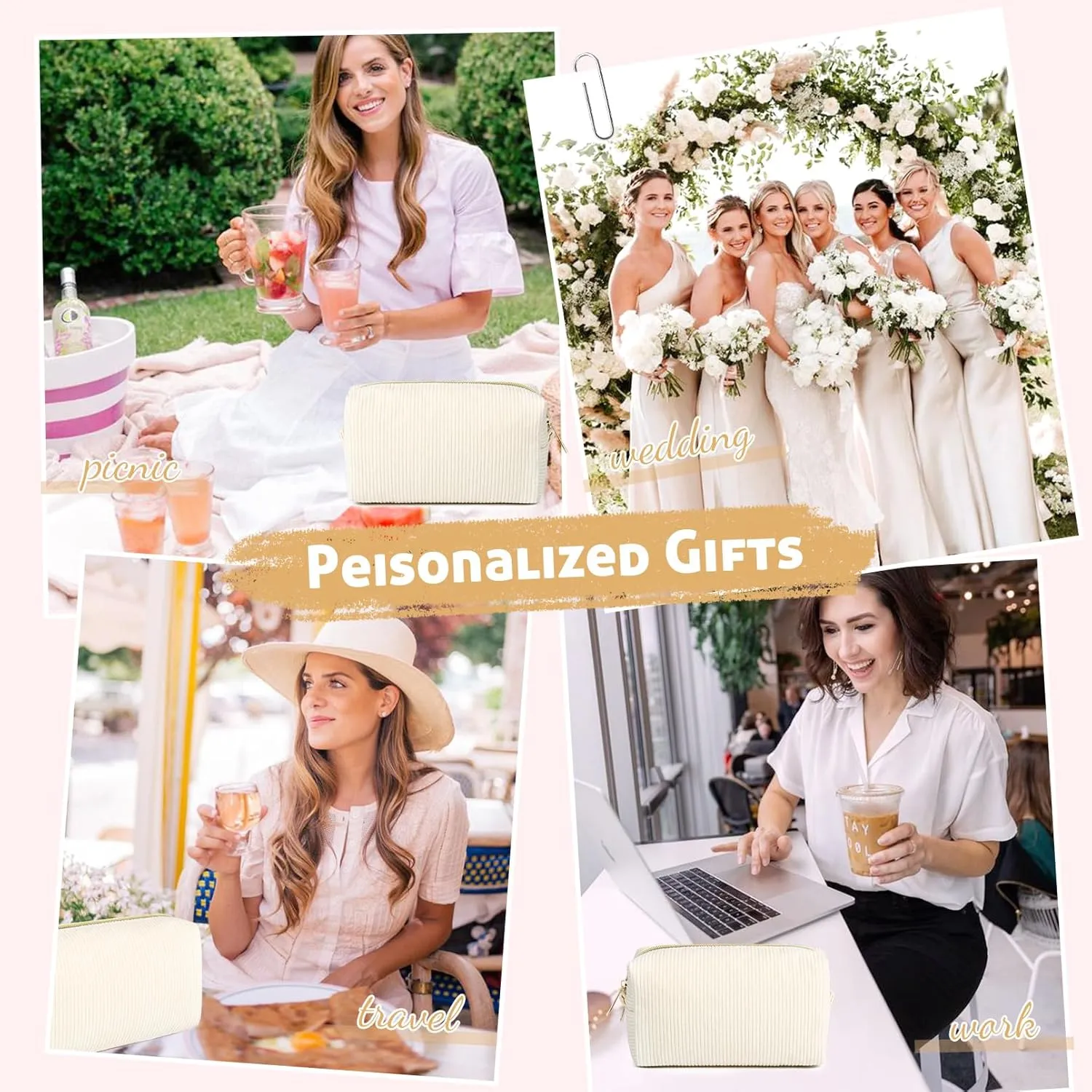 6PCS Bridesmaid Proposal Gifts Corduroy Beige makeup bag bulk for Wedding Party Favors Bachelorette party decorations Toiletry Organizer Bag Cosmetic Case Gift