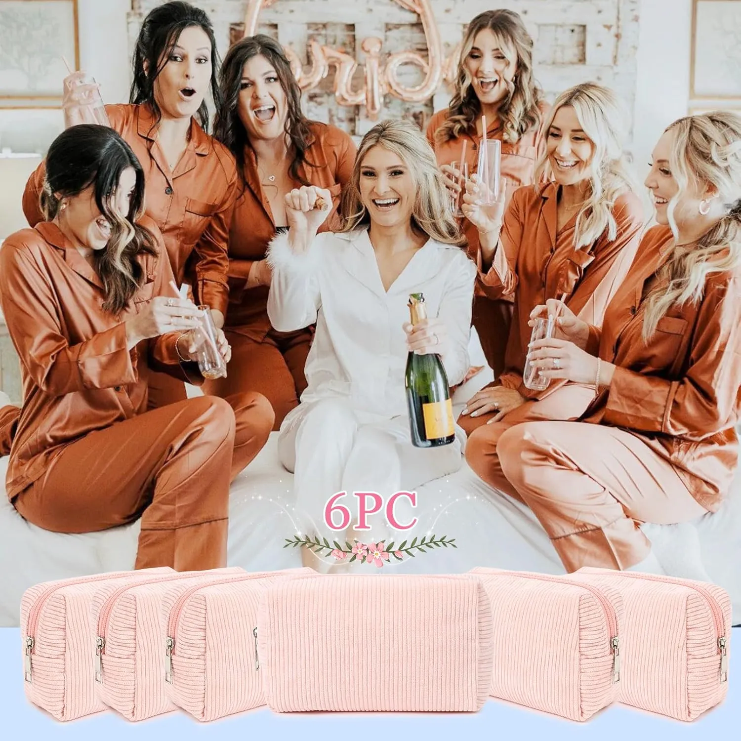 6PCS Bridesmaid Proposal Gifts Corduroy Pink makeup bag bulk for Wedding Party Favors Bachelorette party decorations Toiletry Organizer Bag Cosmetic Case Gift