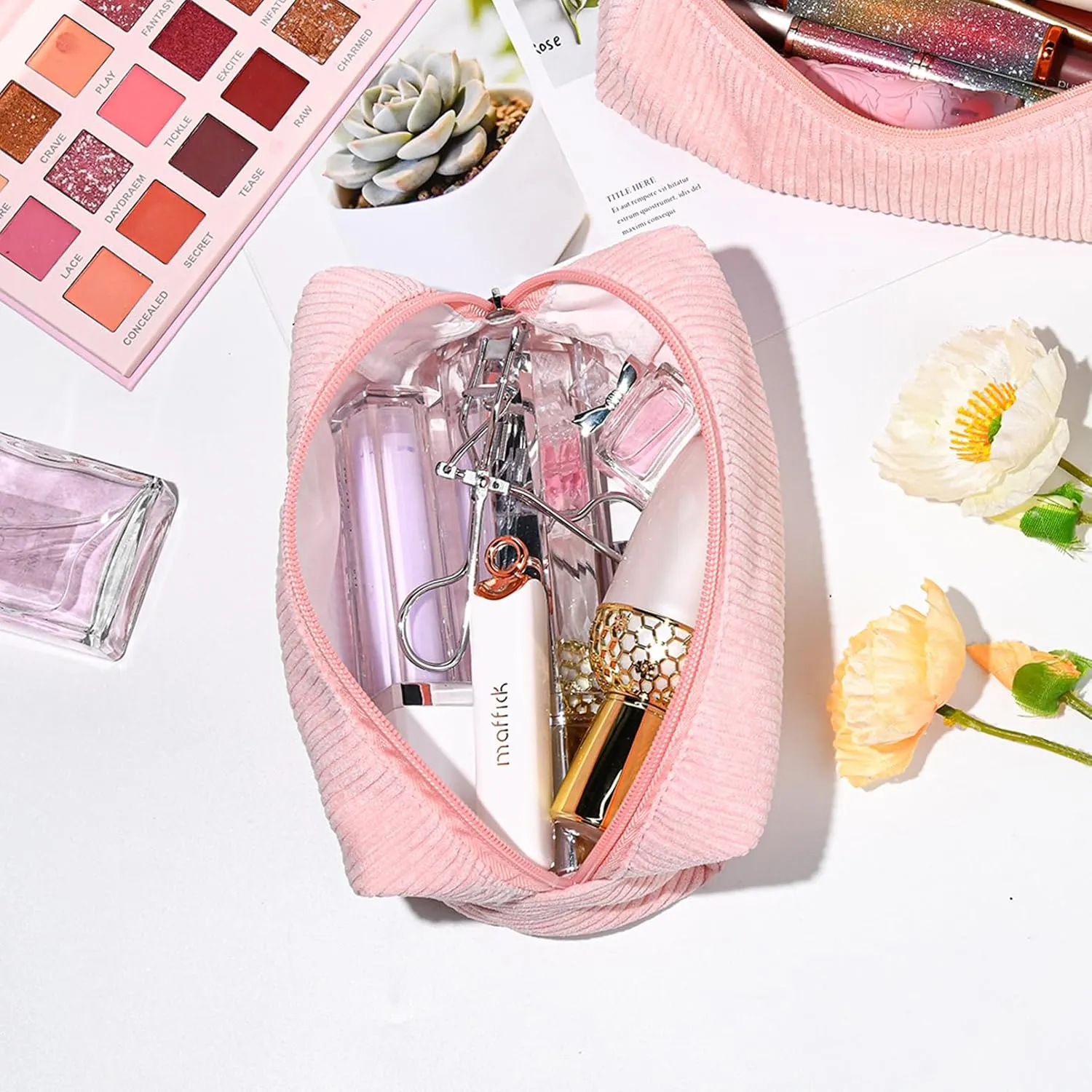 6PCS Bridesmaid Proposal Gifts Corduroy Pink makeup bag bulk for Wedding Party Favors Bachelorette party decorations Toiletry Organizer Bag Cosmetic Case Gift