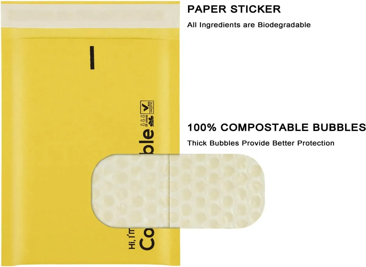 6x10 100% Biodegradable Bubble Mailers,25 Count #0 Compostable Padded Packaging Wrap Envelopes Pouches Eco Friendly Self Seal Bags