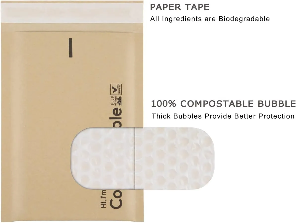 6x10 100% Biodegradable Bubble Mailers,25 Count Kraft Brown #0 Compostable Padded Packaging Wrap Envelopes Pouches Eco Friendly Self Seal Bags