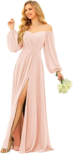 A-line Pleated Chiffon Bridesmaid Dress for Women, Long Sleeve Sweetheart Formal Party Prom Dress