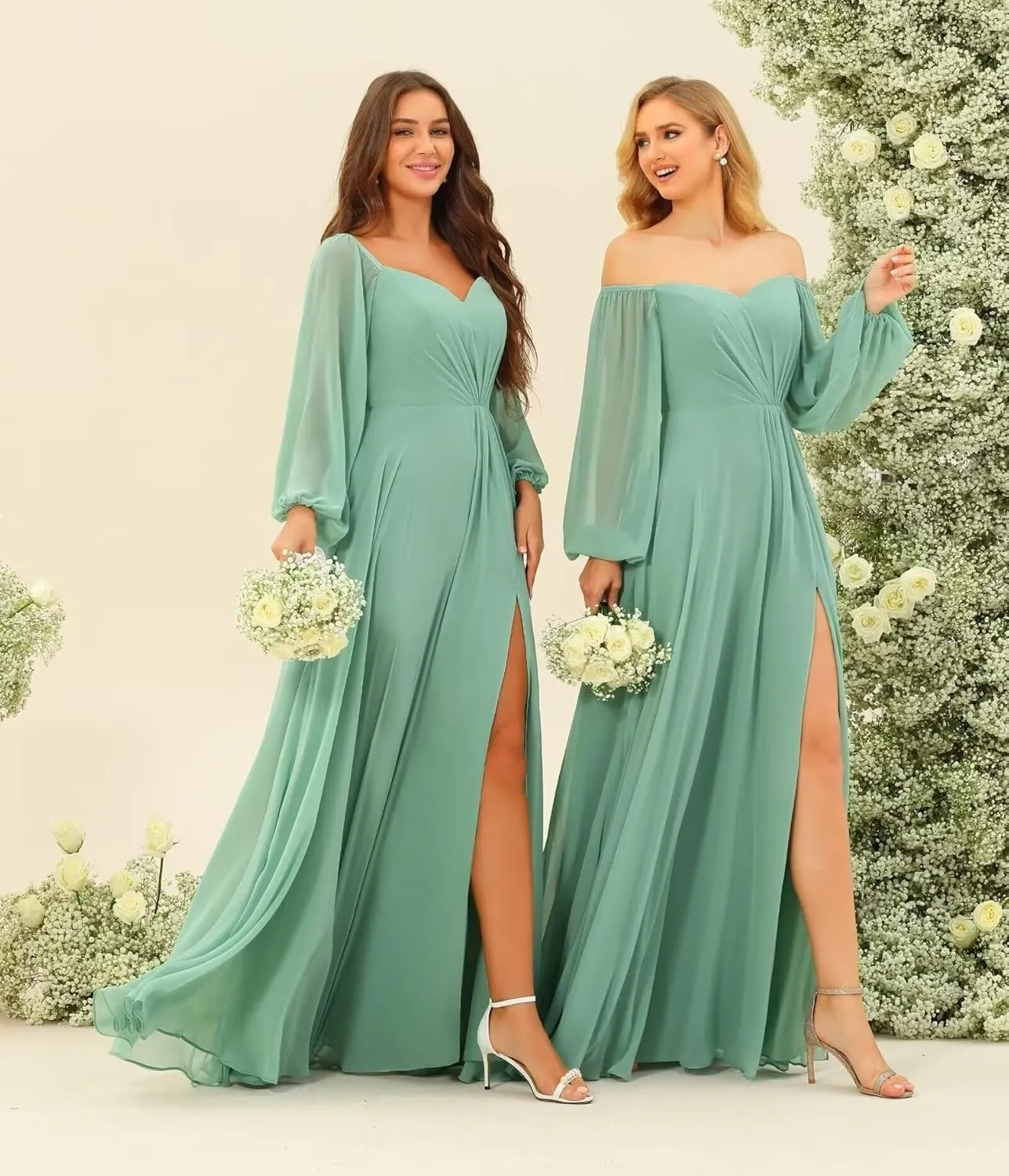 A-line Pleated Chiffon Bridesmaid Dress for Women, Long Sleeve Sweetheart Formal Party Prom Dress