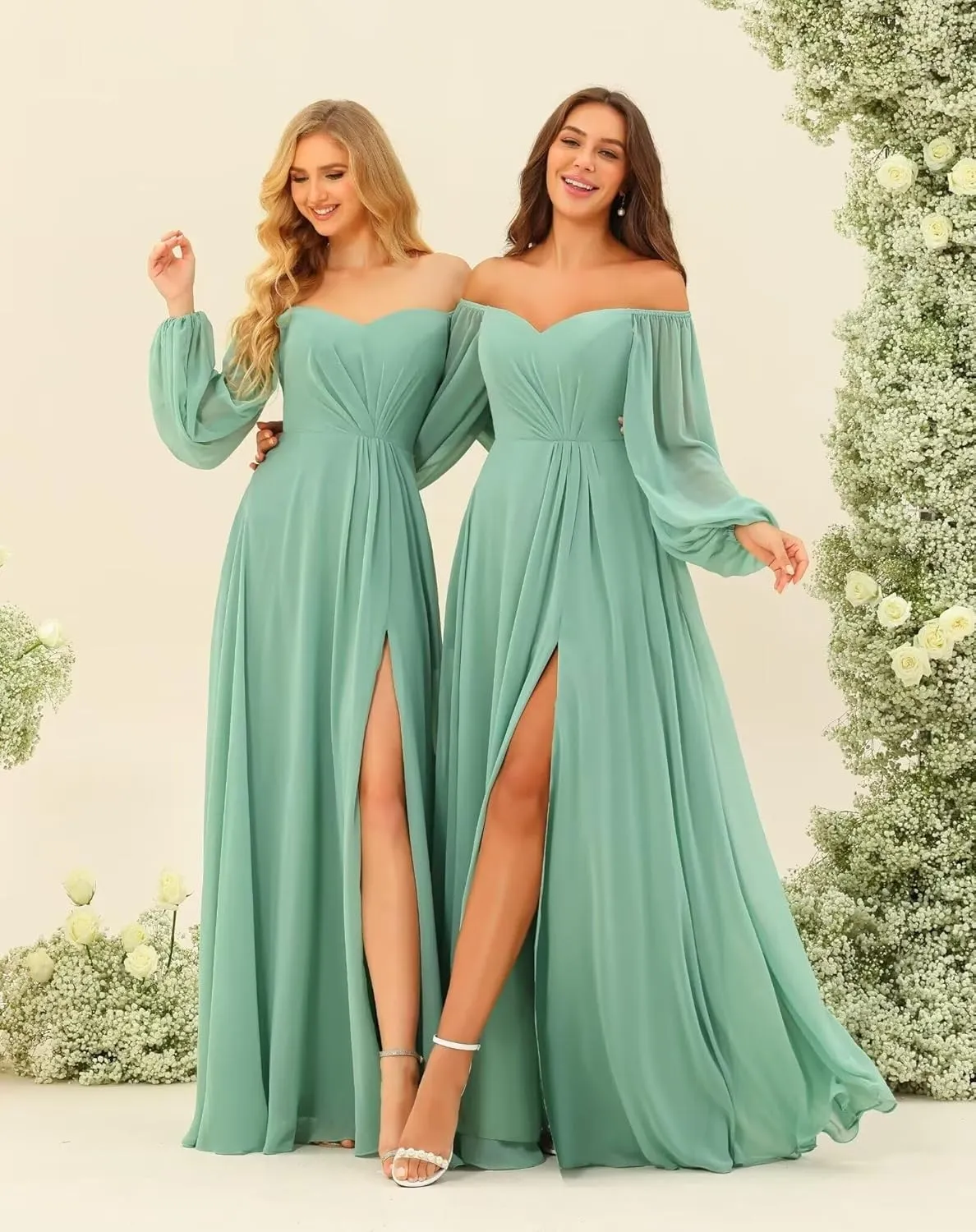 A-line Pleated Chiffon Bridesmaid Dress for Women, Long Sleeve Sweetheart Formal Party Prom Dress