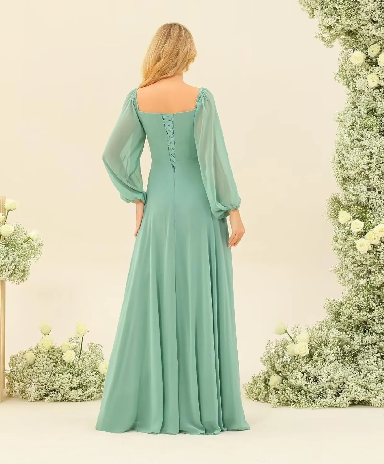 A-line Pleated Chiffon Bridesmaid Dress for Women, Long Sleeve Sweetheart Formal Party Prom Dress