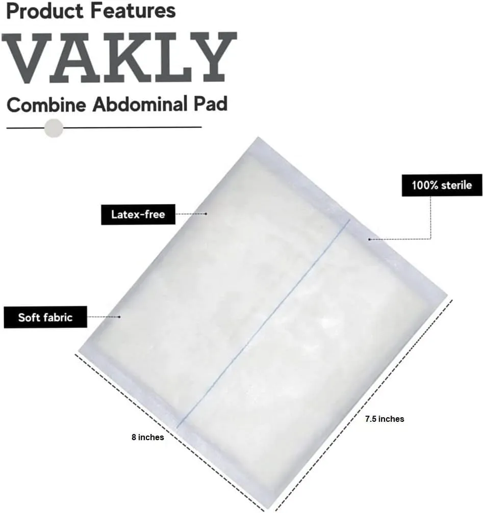 ABD Combine Abdominal Pads 8" x 7-1/2" High Absorbency Sterile Individually Wrapped 8" x 7-1/2" Non-Adherent Absorbent Post-Op Gauze - Heavy-Draining, Trauma and First Aid Wound Dressing (24)