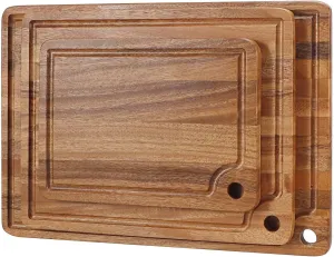 Acacia Wood Cutting Boards Set for Kitchen, Caperci Large Wooden Cutting Chopping Boards Set of 3 with Deep Juice Groove and Handle Hole for Meat, Veggies and Fruit (17x12, 14x11, 11x8 inch)