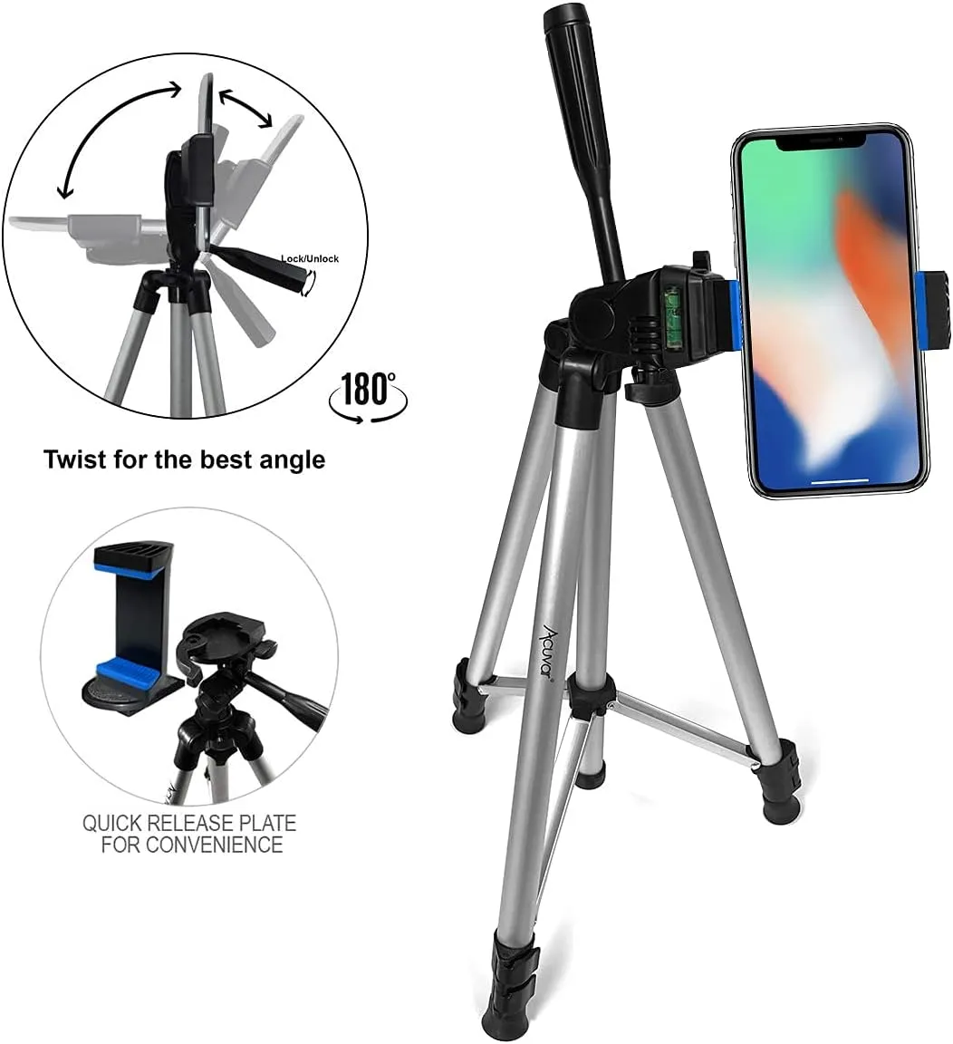 Acuvar 50" Aluminum Tripod for Phones, Cameras & Camcorders with Universal Phone Holder, Remote Shutter & Travel Bag for All Phones, iPhones, Samsung & Tripod for Cameras, Nikon Canon Sony
