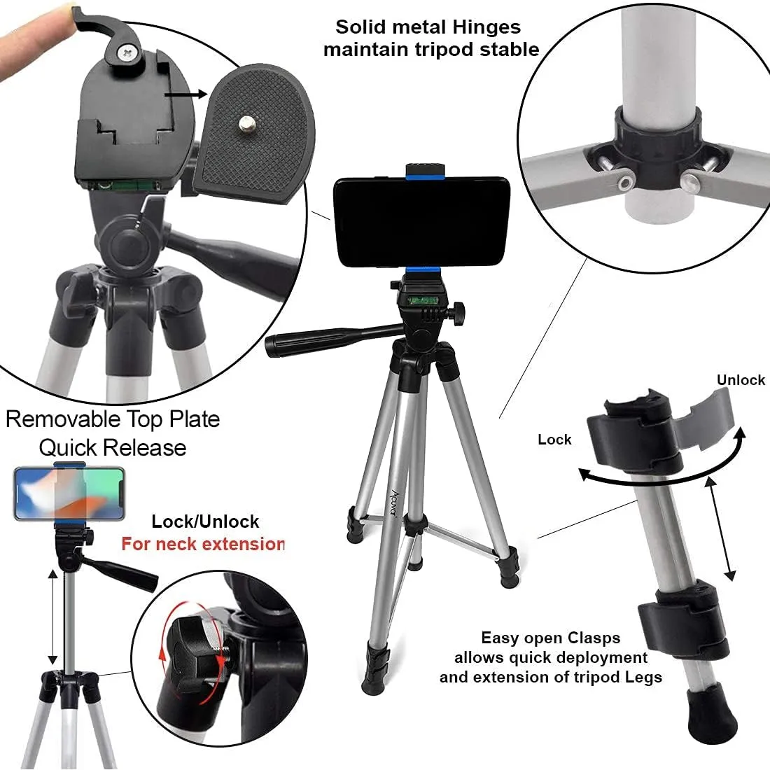 Acuvar 50" Aluminum Tripod for Phones, Cameras & Camcorders with Universal Phone Holder, Remote Shutter & Travel Bag for All Phones, iPhones, Samsung & Tripod for Cameras, Nikon Canon Sony