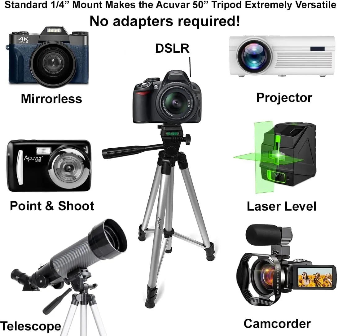 Acuvar 50" Aluminum Tripod for Phones, Cameras & Camcorders with Universal Phone Holder, Remote Shutter & Travel Bag for All Phones, iPhones, Samsung & Tripod for Cameras, Nikon Canon Sony