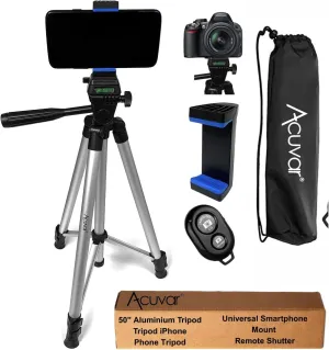 Acuvar 50" Aluminum Tripod for Phones, Cameras & Camcorders with Universal Phone Holder, Remote Shutter & Travel Bag for All Phones, iPhones, Samsung & Tripod for Cameras, Nikon Canon Sony